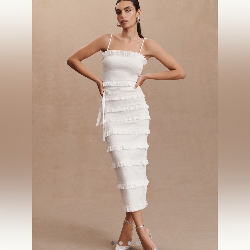 Lily Ruched & Ruffled Stretch Midi Dress by V. Chapman Size 6 White